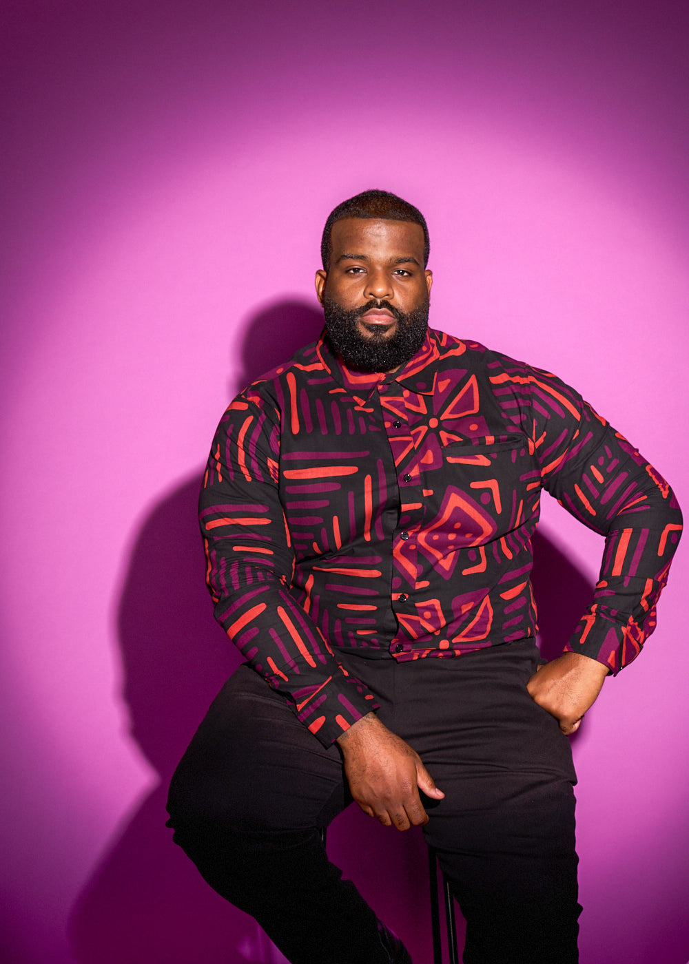 Chane Men's African Print Button-Up Shirt (Black Peach Tribal)