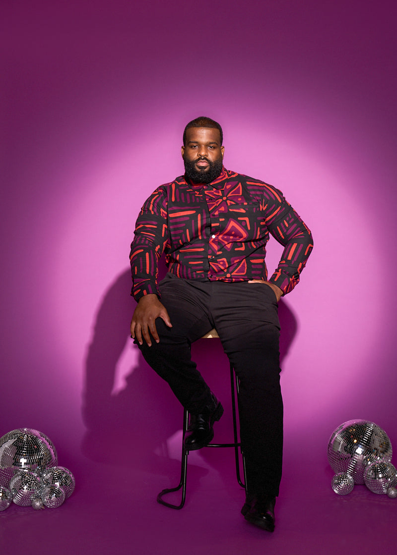 Abiade Men's African Print Button-Up Shirt (Black Magenta Tribal) – D'IYANU