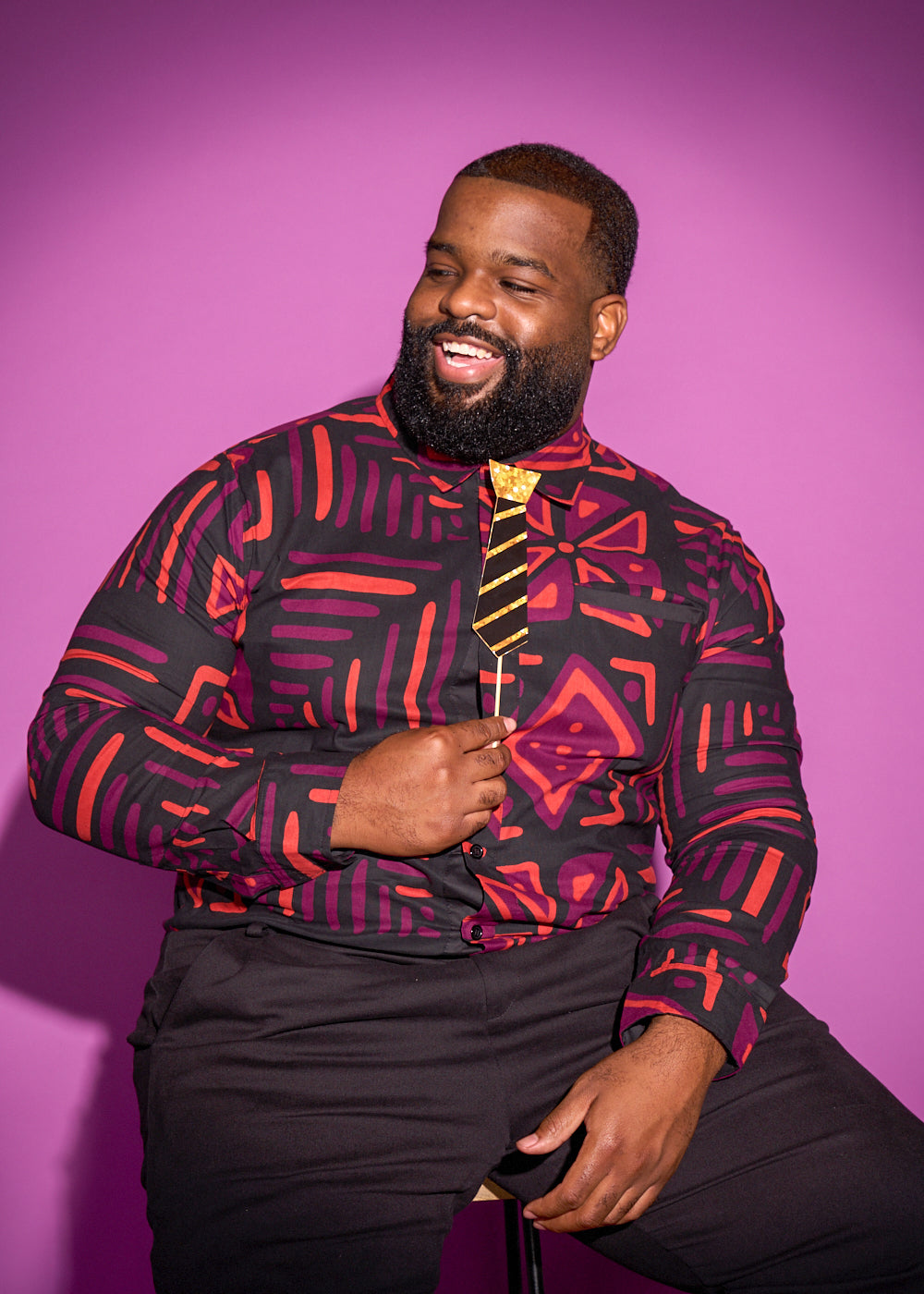 Chane Men's African Print Button-Up Shirt (Black Peach Tribal)