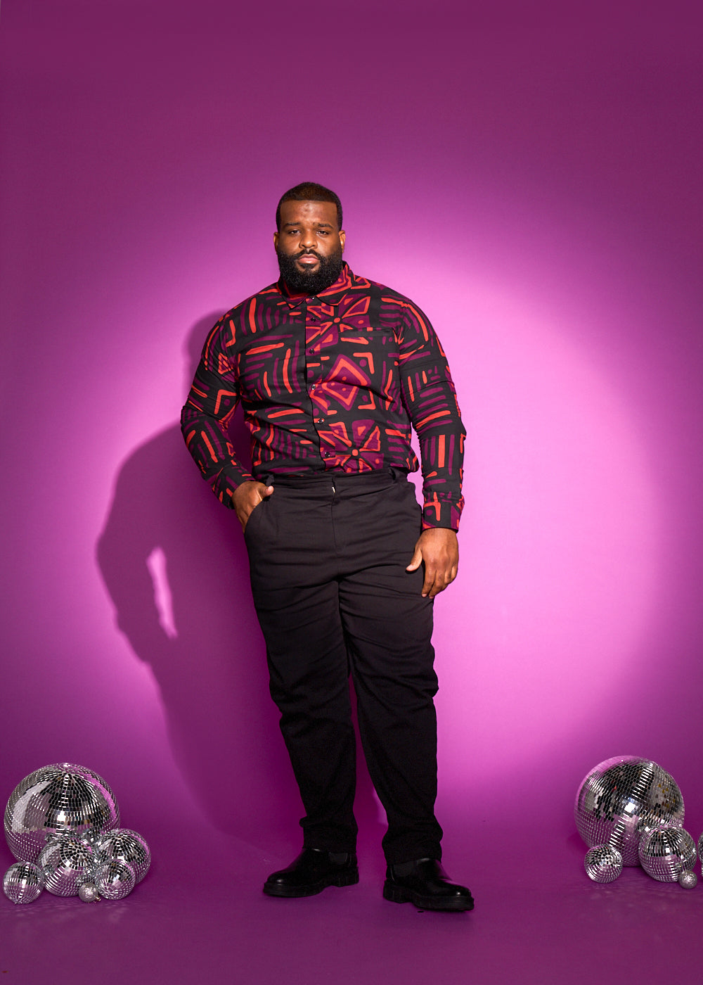 Chane Men's African Print Button-Up Shirt (Black Peach Tribal)