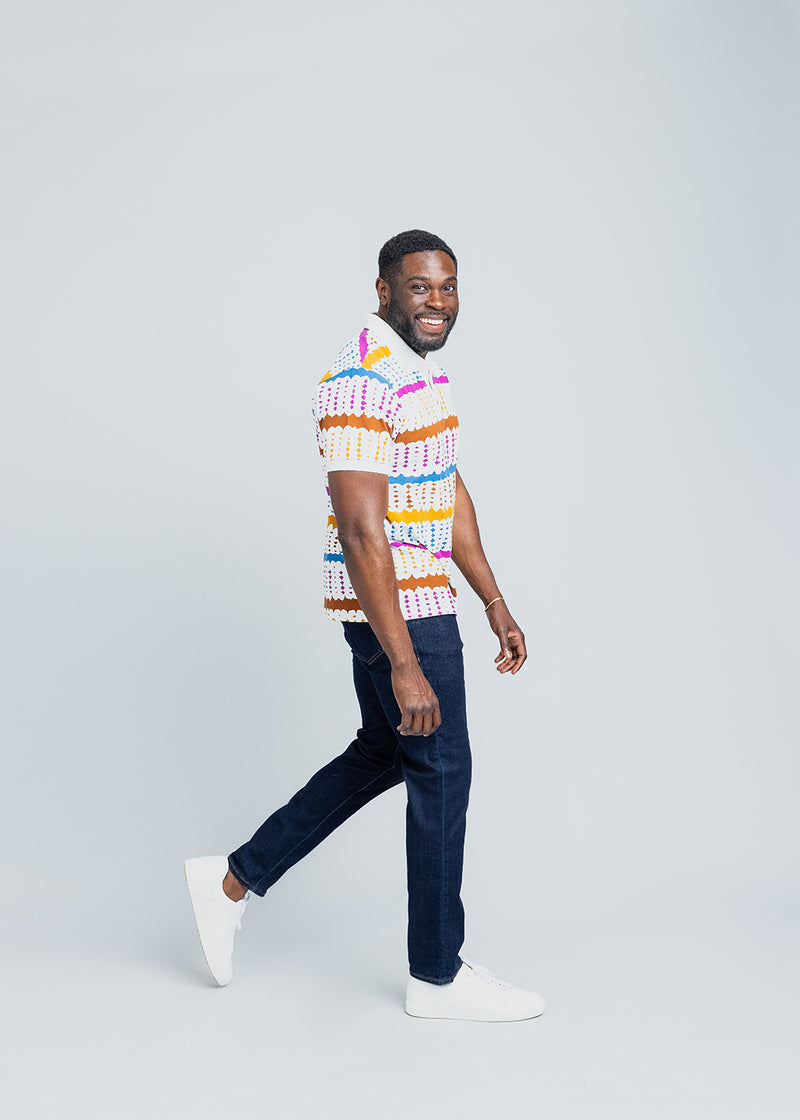 Femi Men's African Print Polo Shirt (White Nautical Adire)