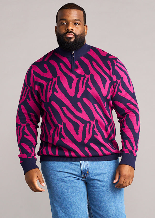 Hamadi Men's African Print Quarter Zip Sweater (Berry Zebra Abstract)