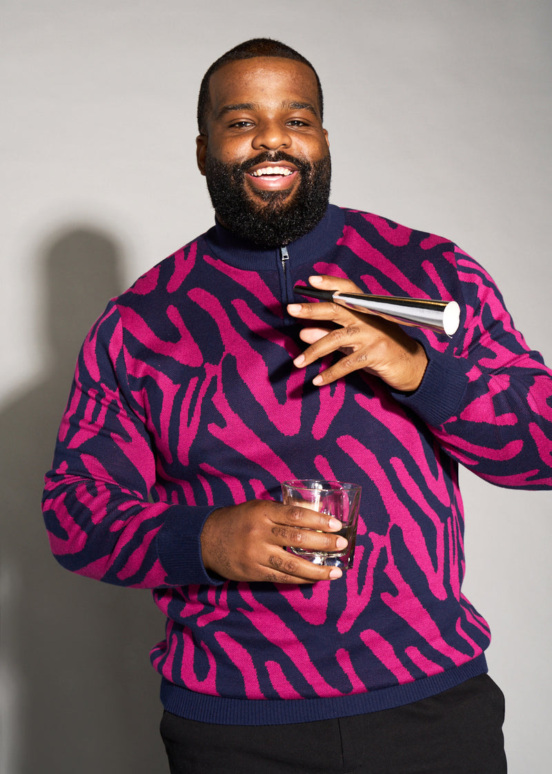 Hamadi Men's African Print Quarter Zip Sweater (Berry Zebra Abstract)
