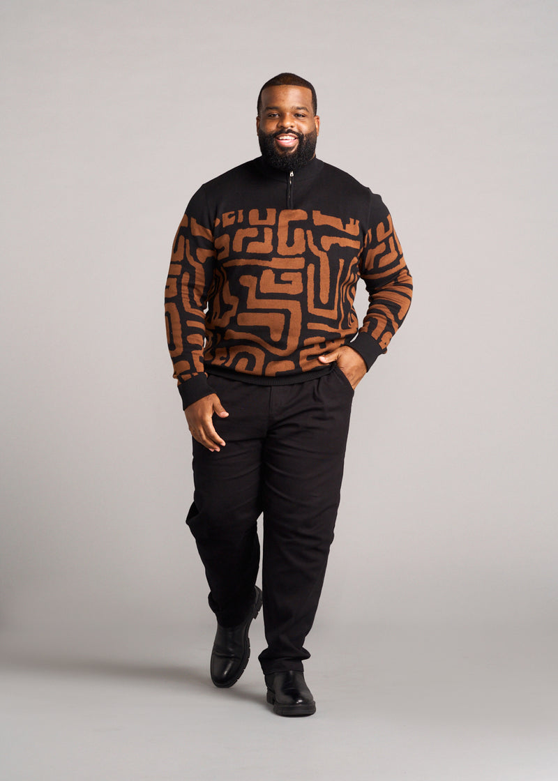 Hamadi Men's African Print Quarter Zip Sweater (Espresso Geometric)