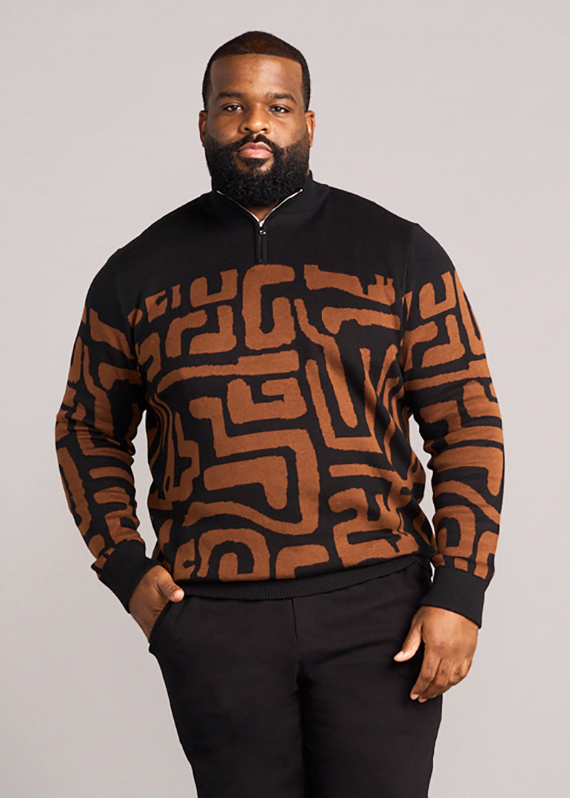 Hamadi Men's African Print Quarter Zip Sweater (Espresso Geometric)