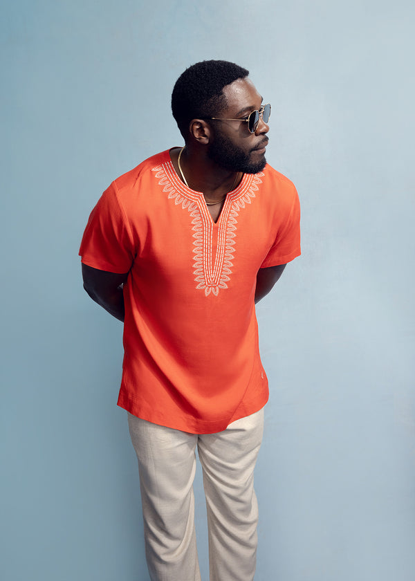 Izibili Men's African Embroidered Linen Tunic Shirt (Deep Coral)