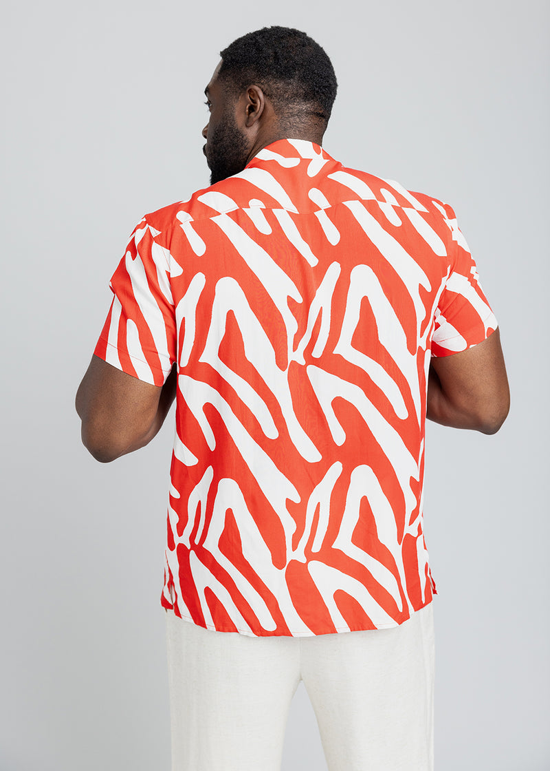 Malik Men's African Print Button-Up Shirt (Deep Orange Zebra Abstract)