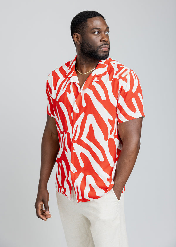 Malik Men's African Print Button-Up Shirt (Deep Orange Zebra Abstract)