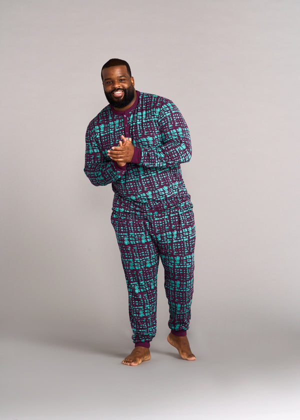 Mobisi Men's African Print Pajama Set (Mint Purple Adire)