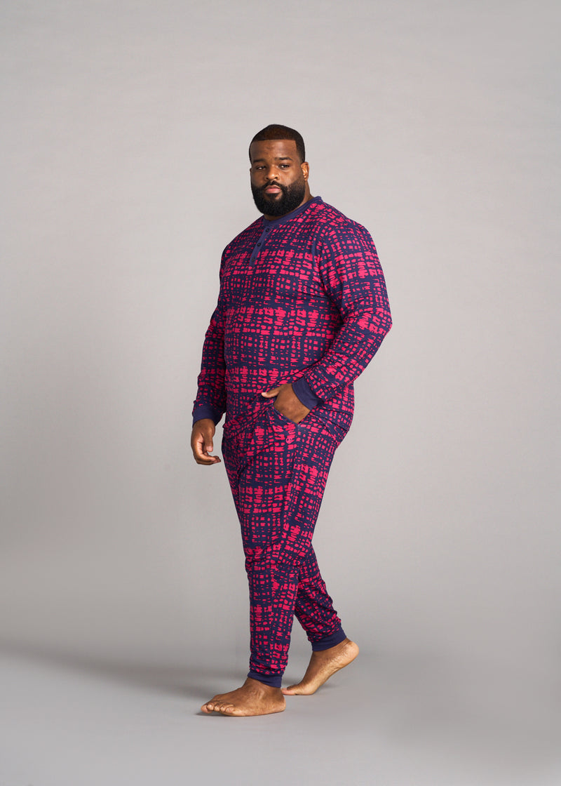 Mobisi Men's African Print Pajama Set (Navy Magenta Adire)