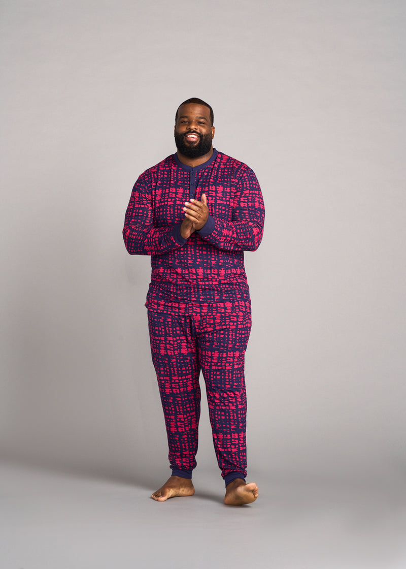 Mobisi Men's African Print Pajama Set (Navy Magenta Adire)