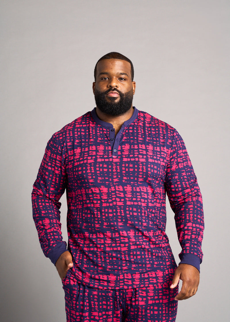 Mobisi Men's African Print Pajama Set (Navy Magenta Adire)