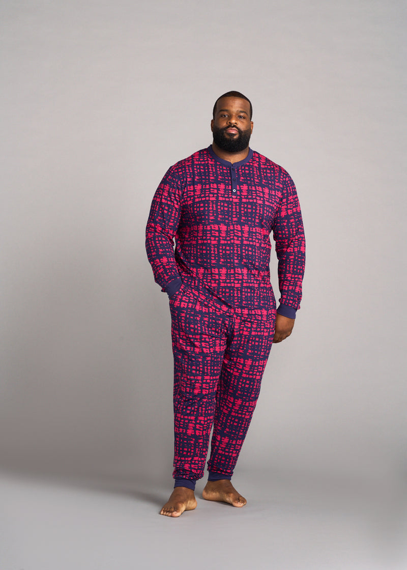 Mobisi Men's African Print Pajama Set (Navy Magenta Adire)