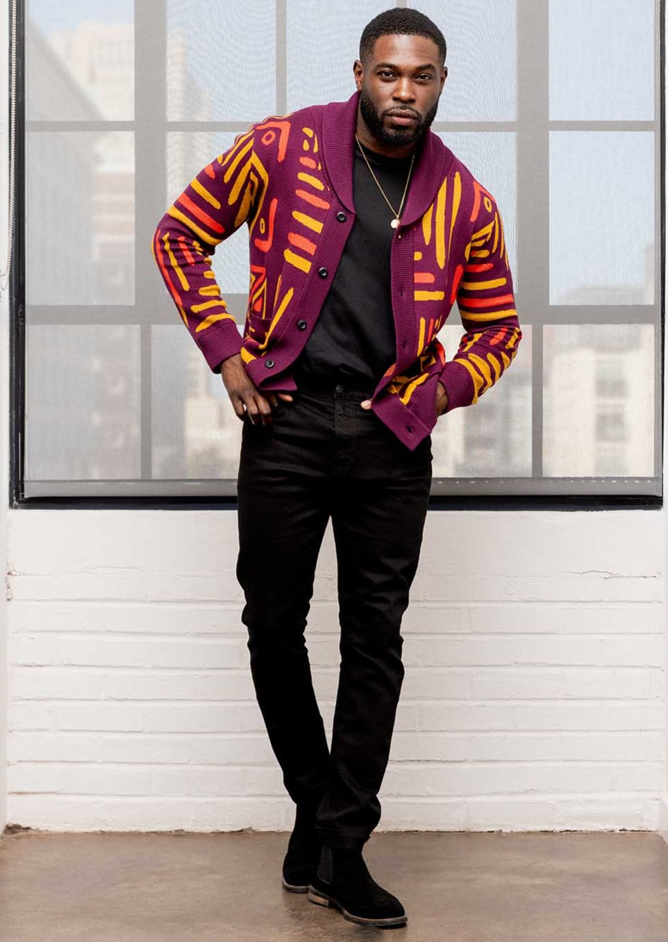 Aren Men's African Print Cardigan Sweater (Plum Gold Tribal)