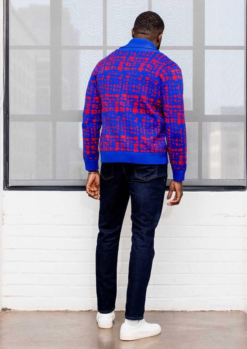 Aren Men's African Print Cardigan Sweater (Red Blue Adire)