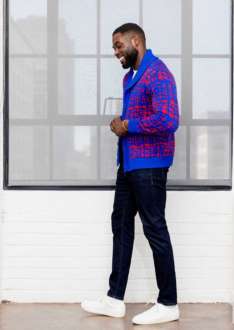 Aren Men's African Print Cardigan Sweater (Red Blue Adire) - Clearance