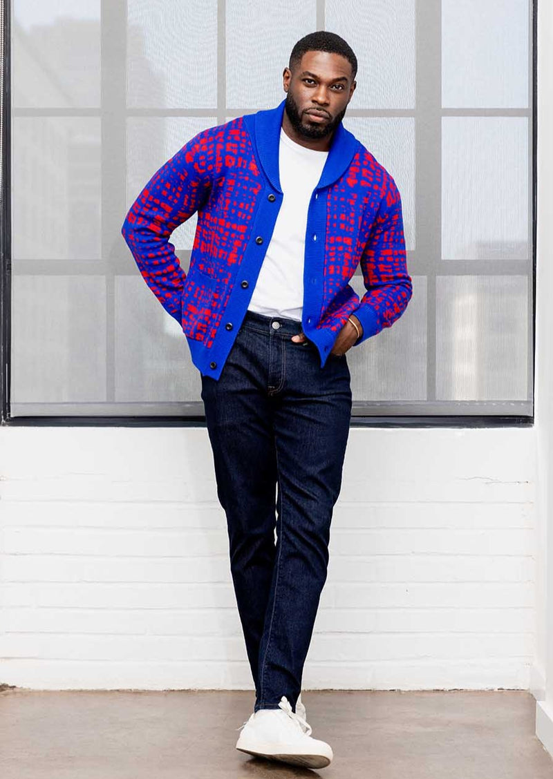 Aren Men's African Print Cardigan Sweater (Red Blue Adire) - Clearance