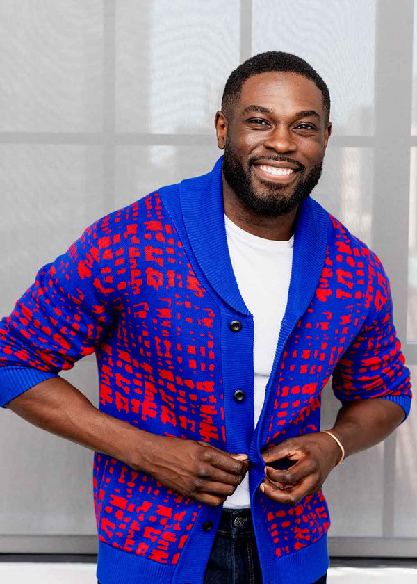 Aren Men's African Print Cardigan Sweater (Red Blue Adire)