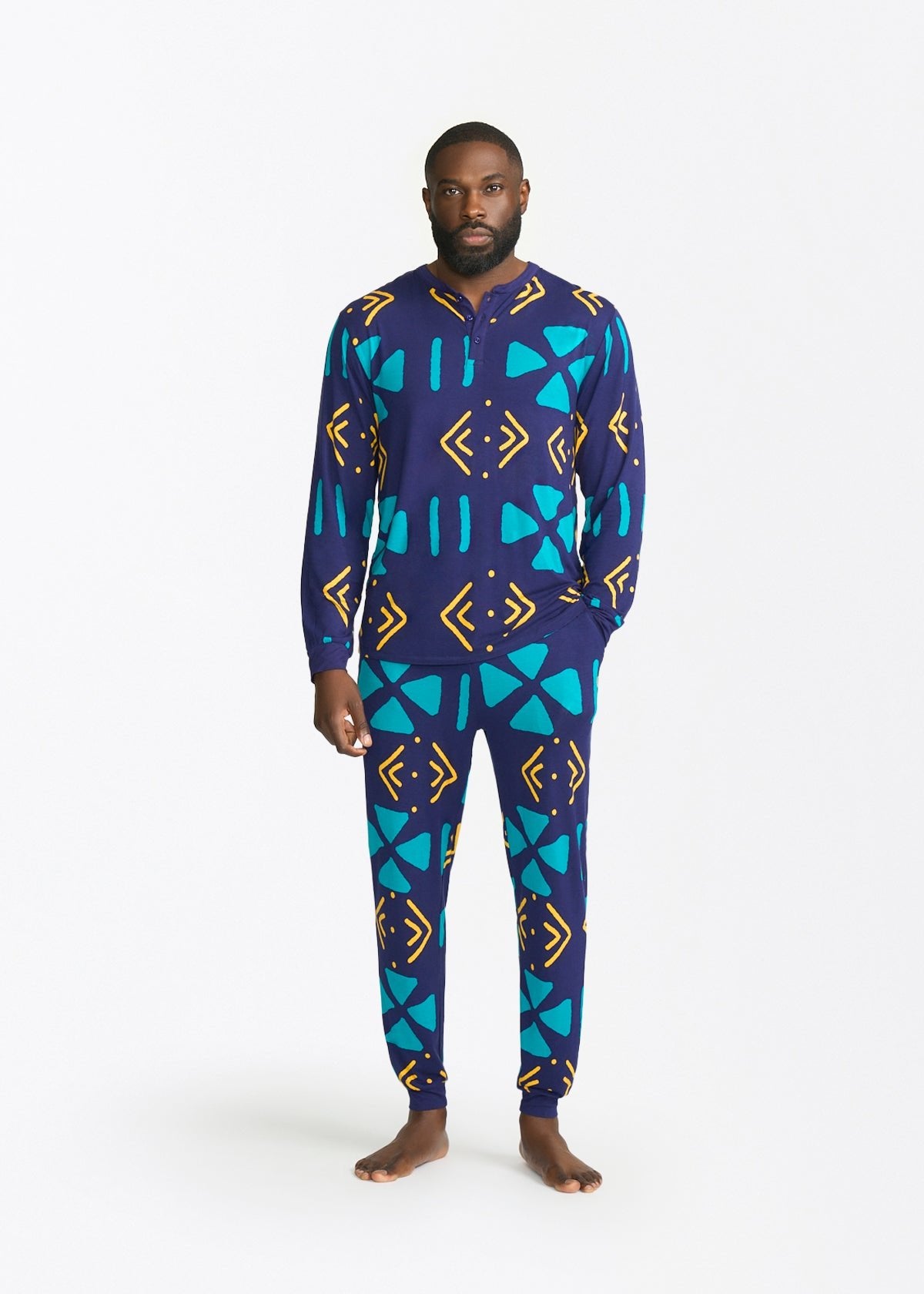 Mobisi Men's African Print Pajama Set (Navy Gold Mudcloth) - D'IYANU
