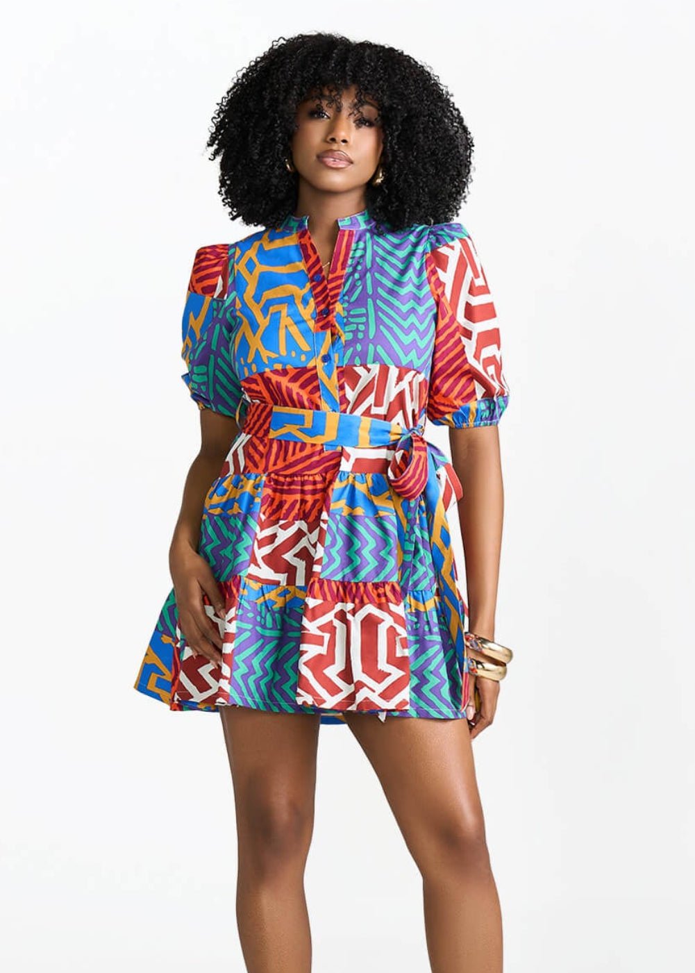 Mojisola Women's African Print Puff Sleeve Mini Dress (Orange Blue Multipattern) - D'IYANU