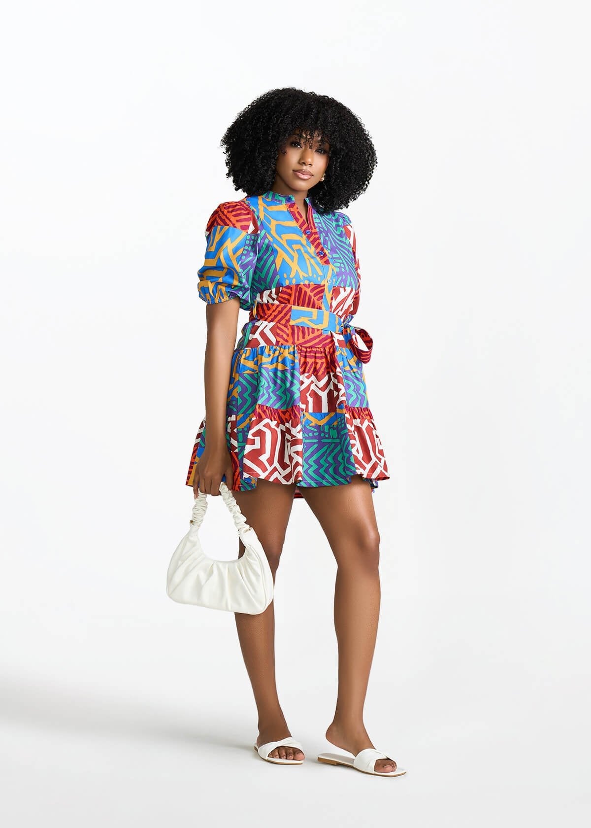 Mojisola Women's African Print Puff Sleeve Mini Dress (Orange Blue Multipattern) - D'IYANU