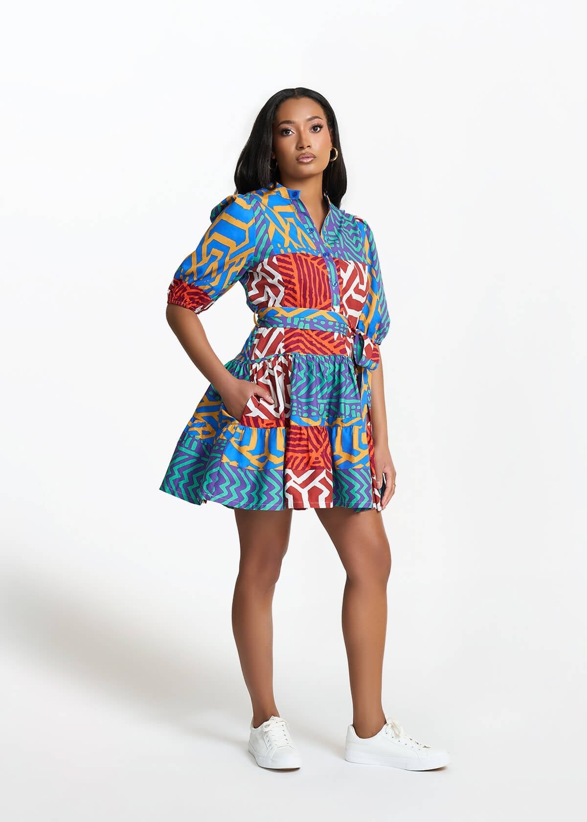 Mojisola Women's African Print Puff Sleeve Mini Dress (Orange Blue Multipattern) - D'IYANU