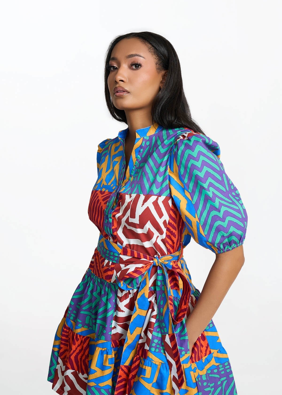 Mojisola Women's African Print Puff Sleeve Mini Dress (Orange Blue Multipattern) - D'IYANU