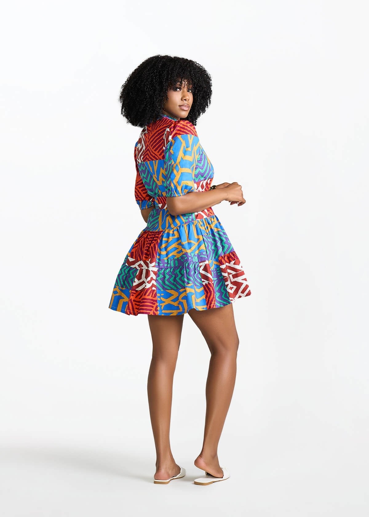 Mojisola Women's African Print Puff Sleeve Mini Dress (Orange Blue Multipattern) - D'IYANU