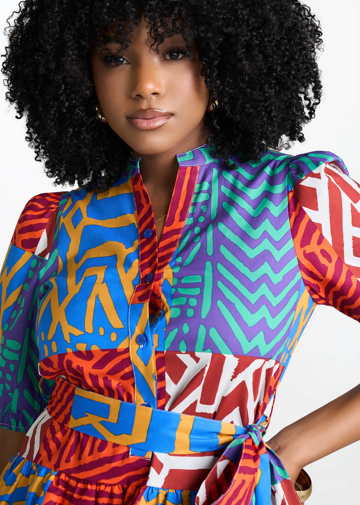 Mojisola Women's African Print Puff Sleeve Mini Dress (Orange Blue Multipattern) - D'IYANU
