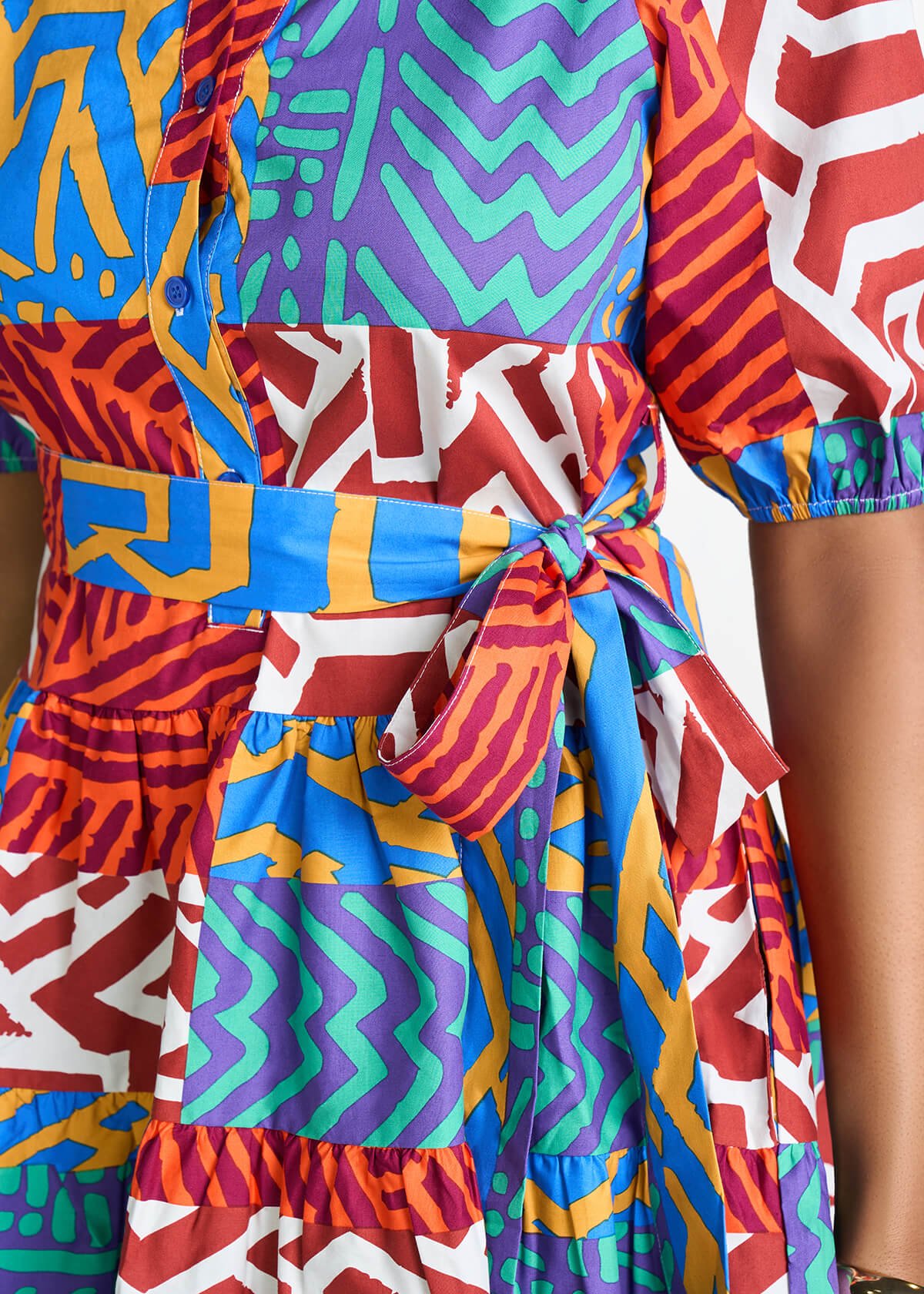 Mojisola Women's African Print Puff Sleeve Mini Dress (Orange Blue Multipattern) - D'IYANU