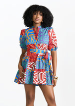 Mojisola Women's African Print Puff Sleeve Mini Dress (Orange Blue Multipattern) - D'IYANU