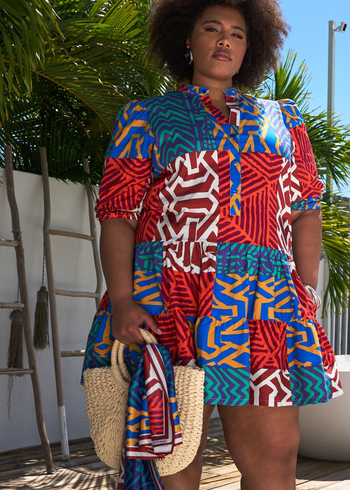 Mojisola Women's African Print Puff Sleeve Mini Dress (Orange Blue Multipattern) - D'IYANU