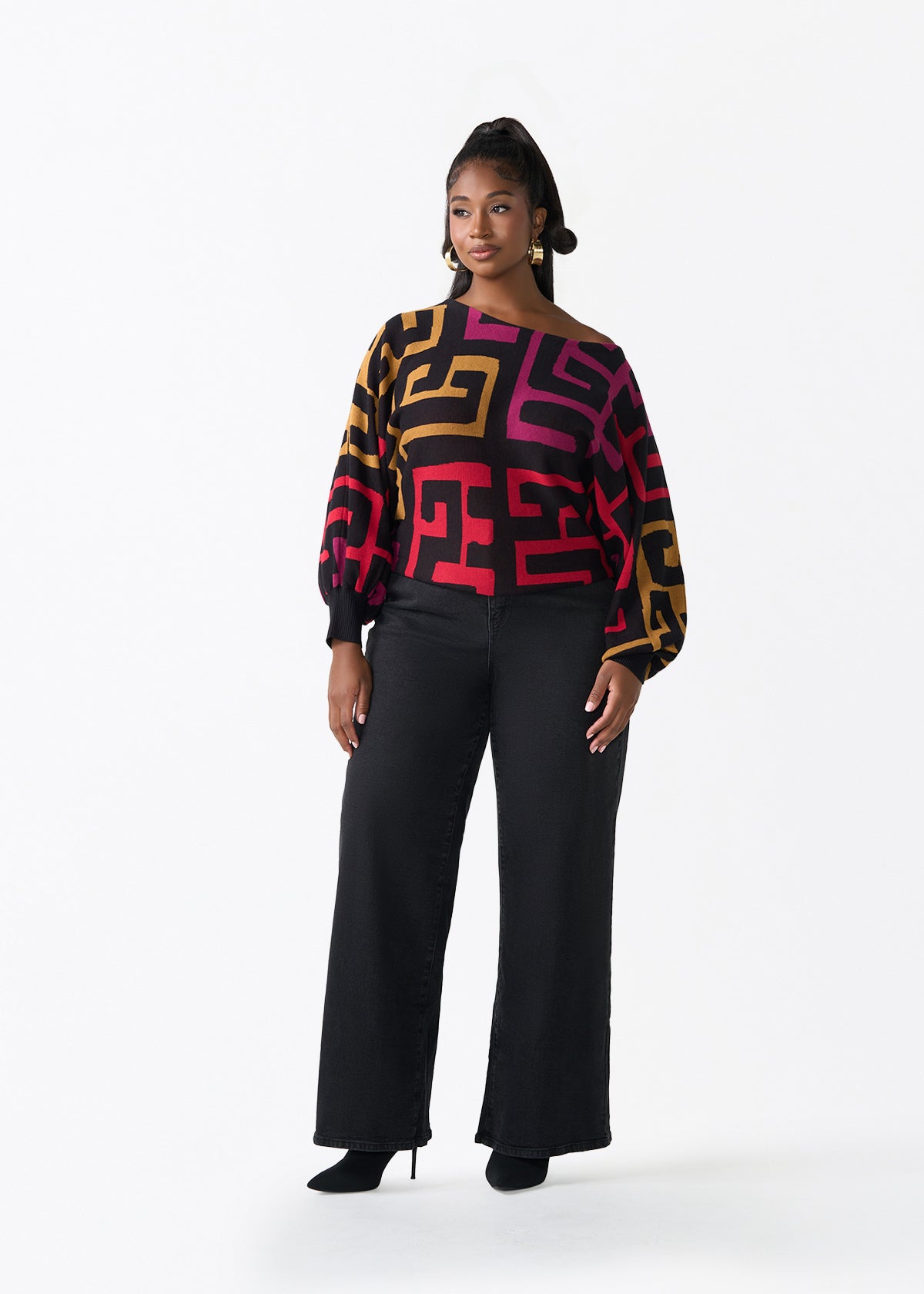 Nafeesa Women's African Print Cropped Sweater (Black Berry Kuba) - D'IYANU