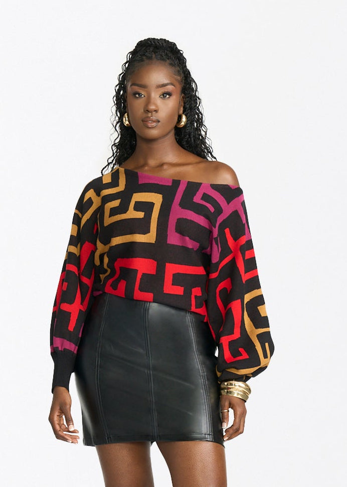 Nafeesa Women's African Print Cropped Sweater (Black Berry Kuba) - D'IYANU