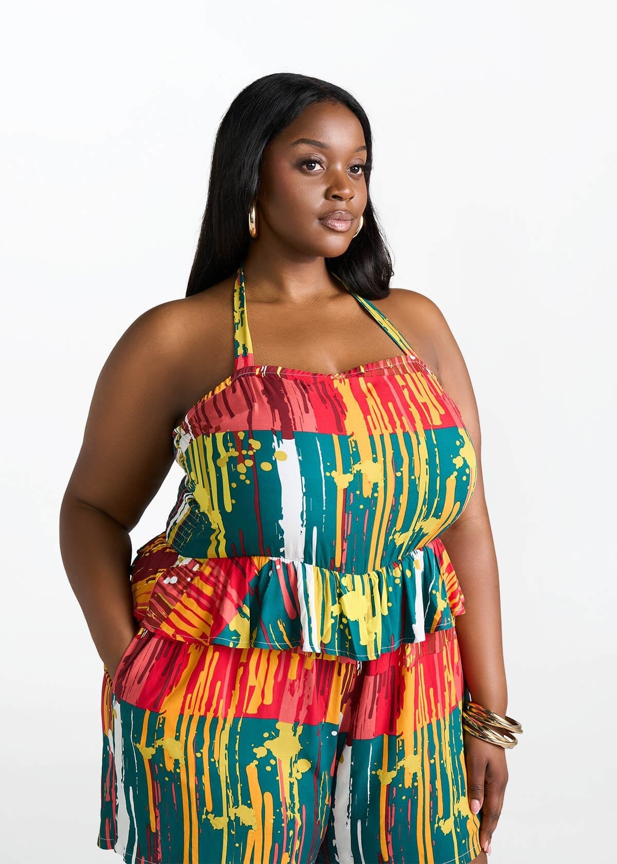 Nanjala Women's African Print Smocked Romper (Forest Paint Splatter) - D'IYANU
