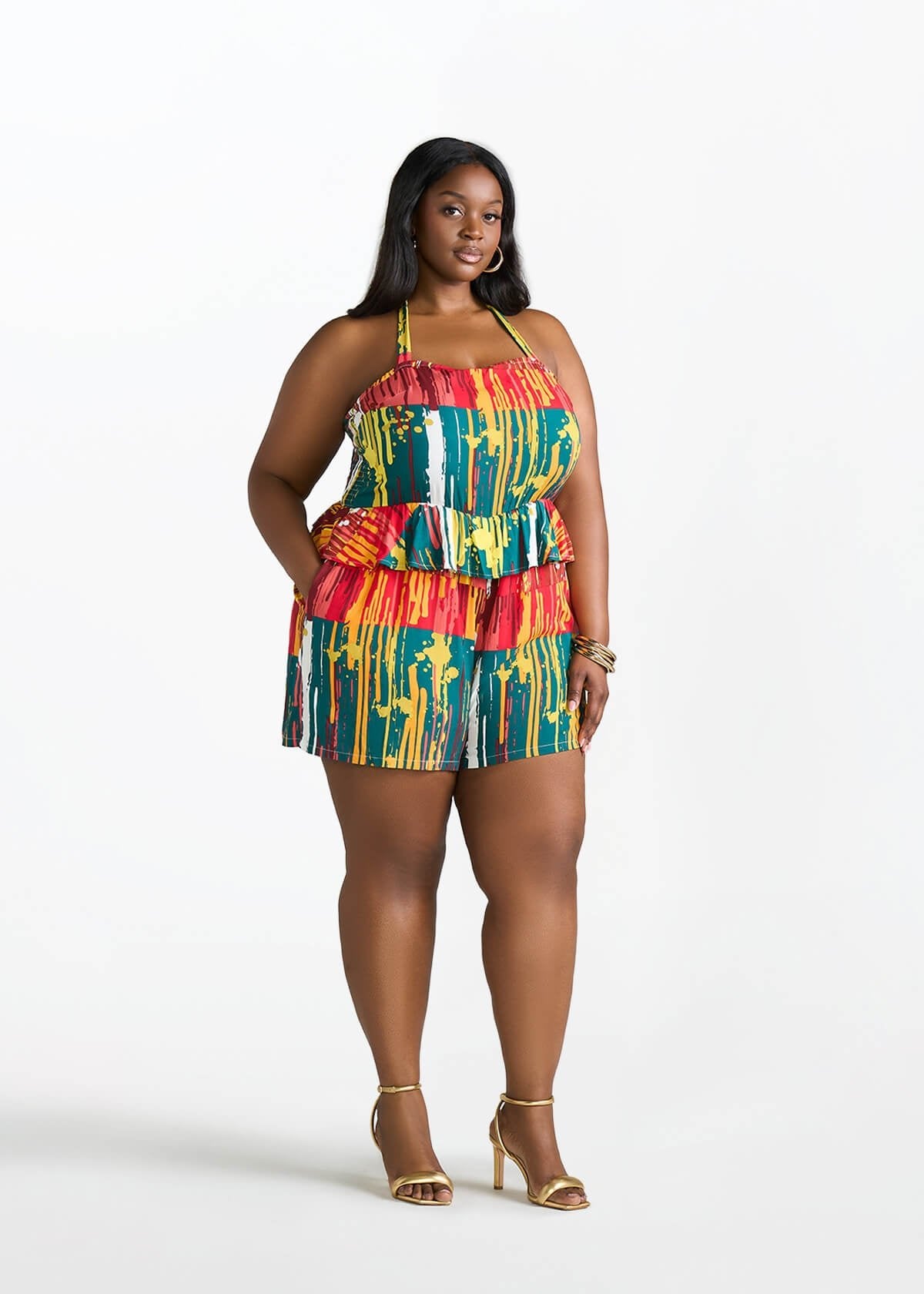 Nanjala Women's African Print Smocked Romper (Forest Paint Splatter) - D'IYANU