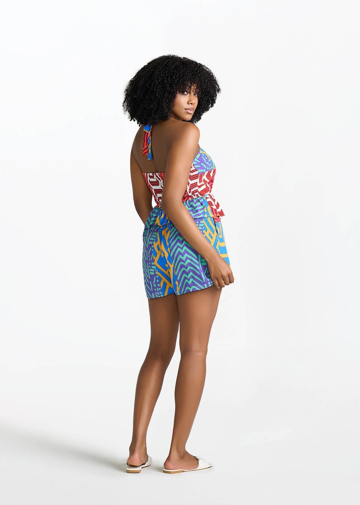 Nanjala Women's African Print Smocked Romper (Orange Blue Multipattern) - D'IYANU