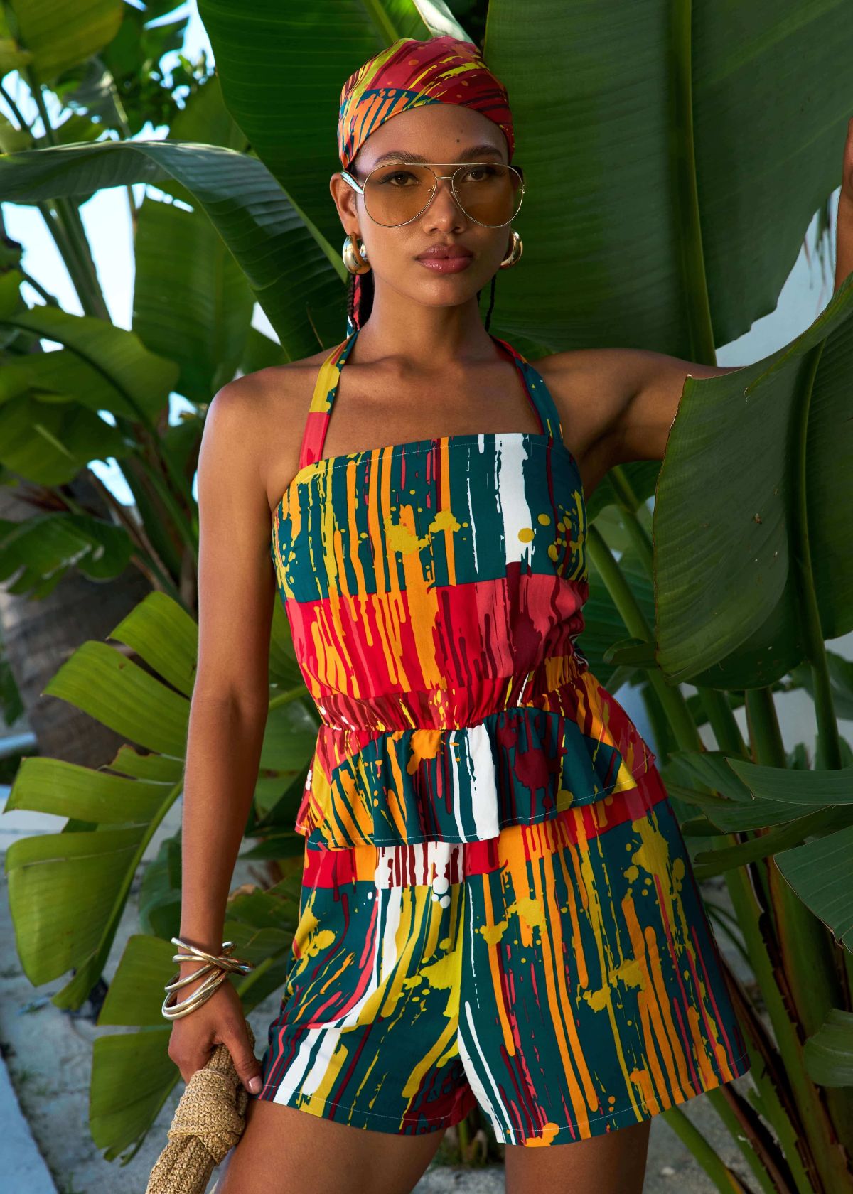 Nanjala Women's African Print Smocked Romper (Forest Paint Splatter) - D'IYANU