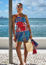 Nanjala Women's African Print Smocked Romper (Orange Blue Multipattern) - D'IYANU