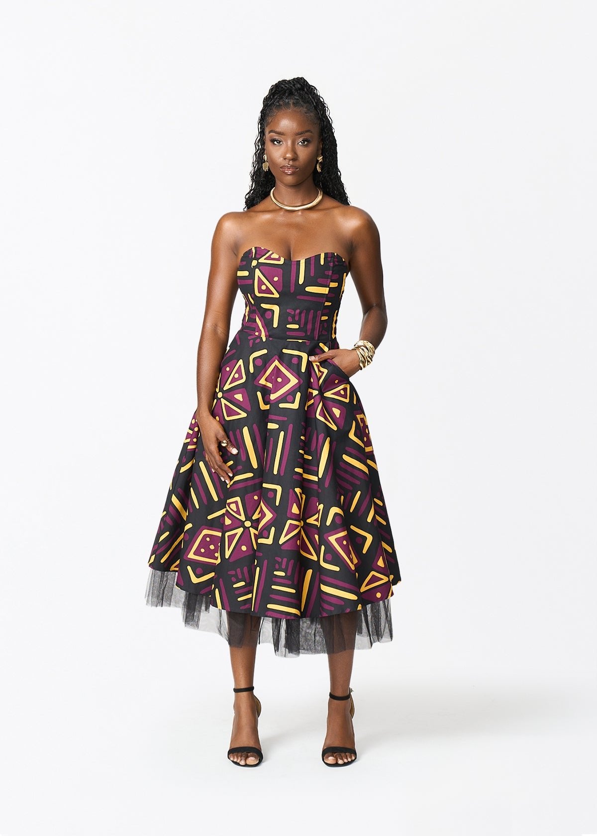 Nanya Women's African Print Corset Dress (Plum Black Tribal) - D'IYANU