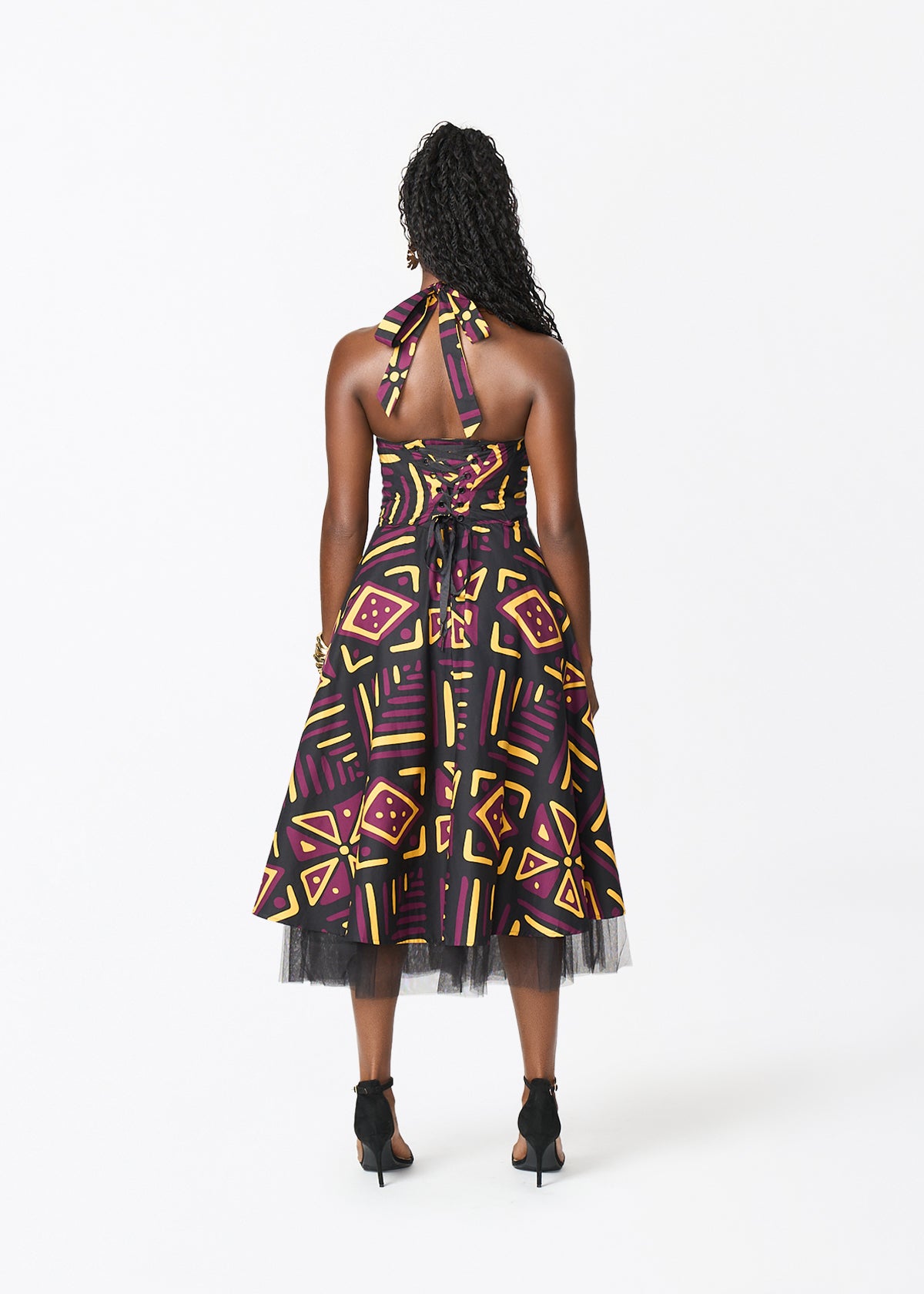 Nanya Women's African Print Corset Dress (Plum Black Tribal) - D'IYANU