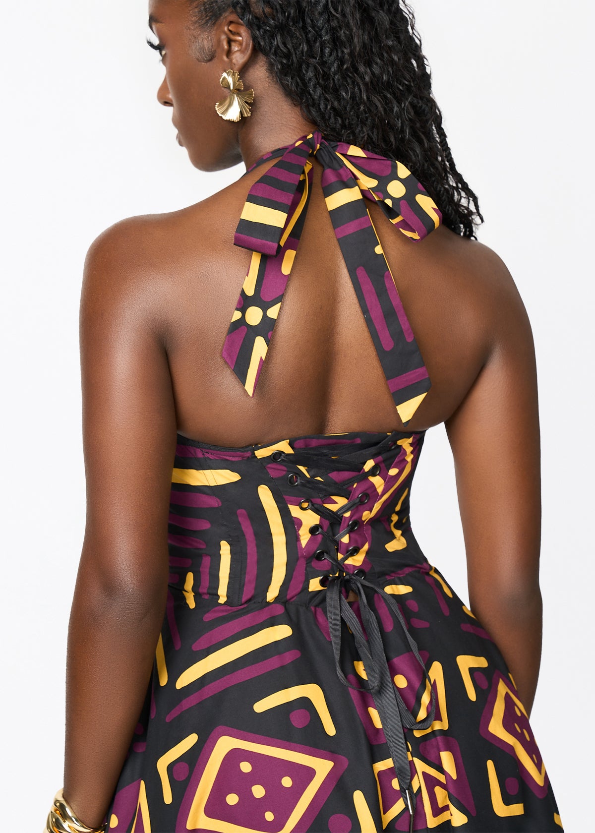 Nanya Women's African Print Corset Dress (Plum Black Tribal) - D'IYANU