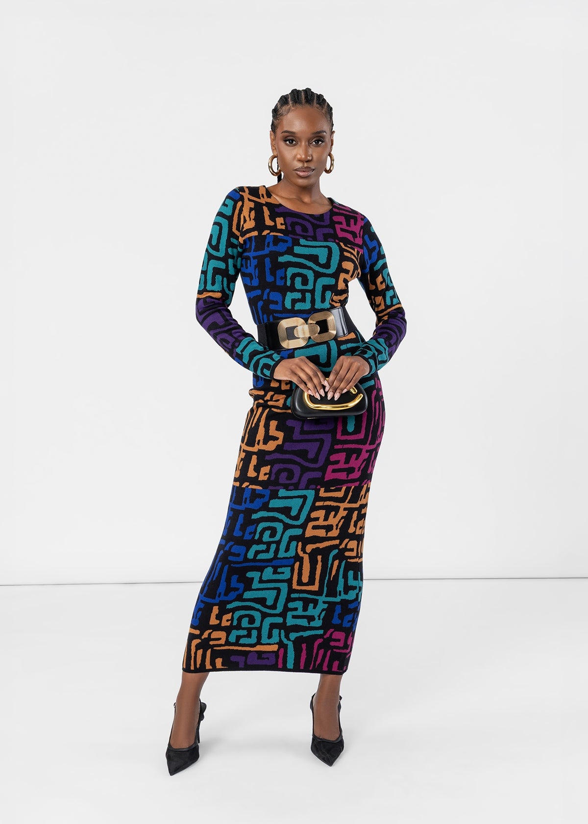 Nazira Women's African Print Maxi Sweater Dress (Ebony Multi Geometric) - D'IYANU