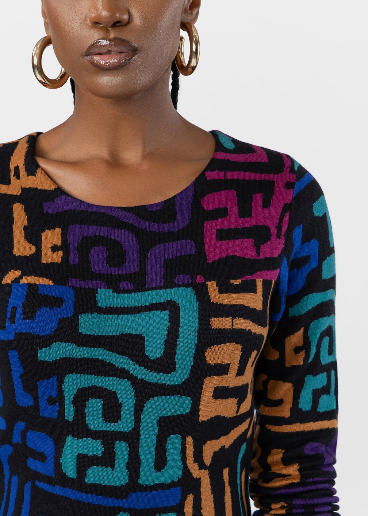 Nazira Women's African Print Maxi Sweater Dress (Ebony Multi Geometric) - D'IYANU