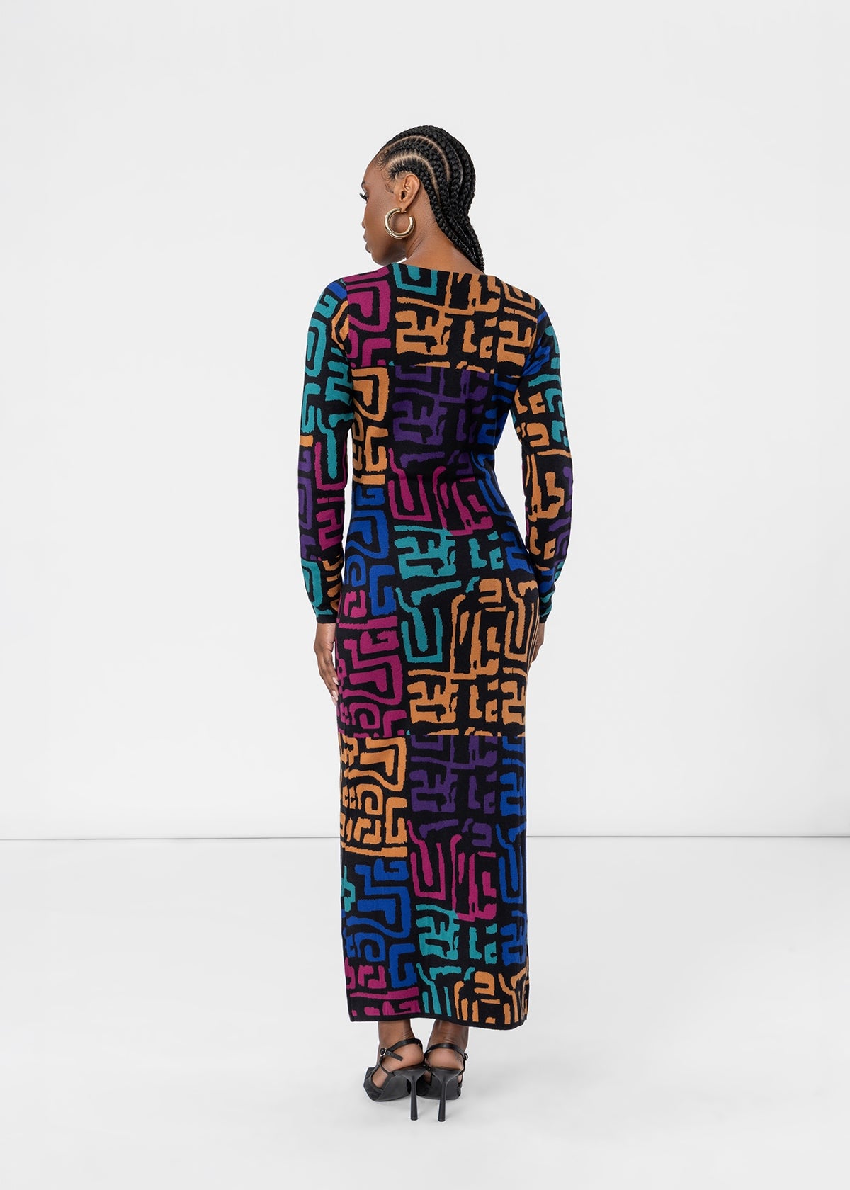 Nazira Women's African Print Maxi Sweater Dress (Ebony Multi Geometric) - D'IYANU