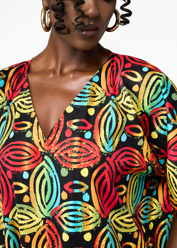 Nima Women's African Print Kaftan With Fringe (Black Rasta Batik)