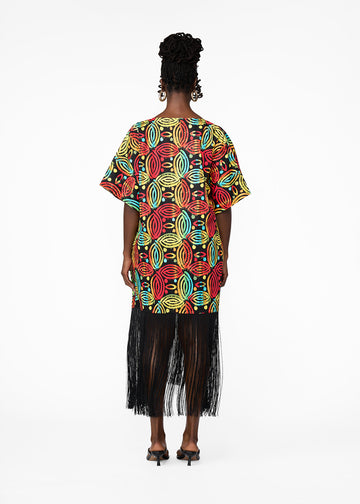 Nima Women's African Print Kaftan With Fringe (Black Rasta Batik)