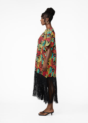 Nima Women's African Print Kaftan With Fringe (Black Rasta Batik)