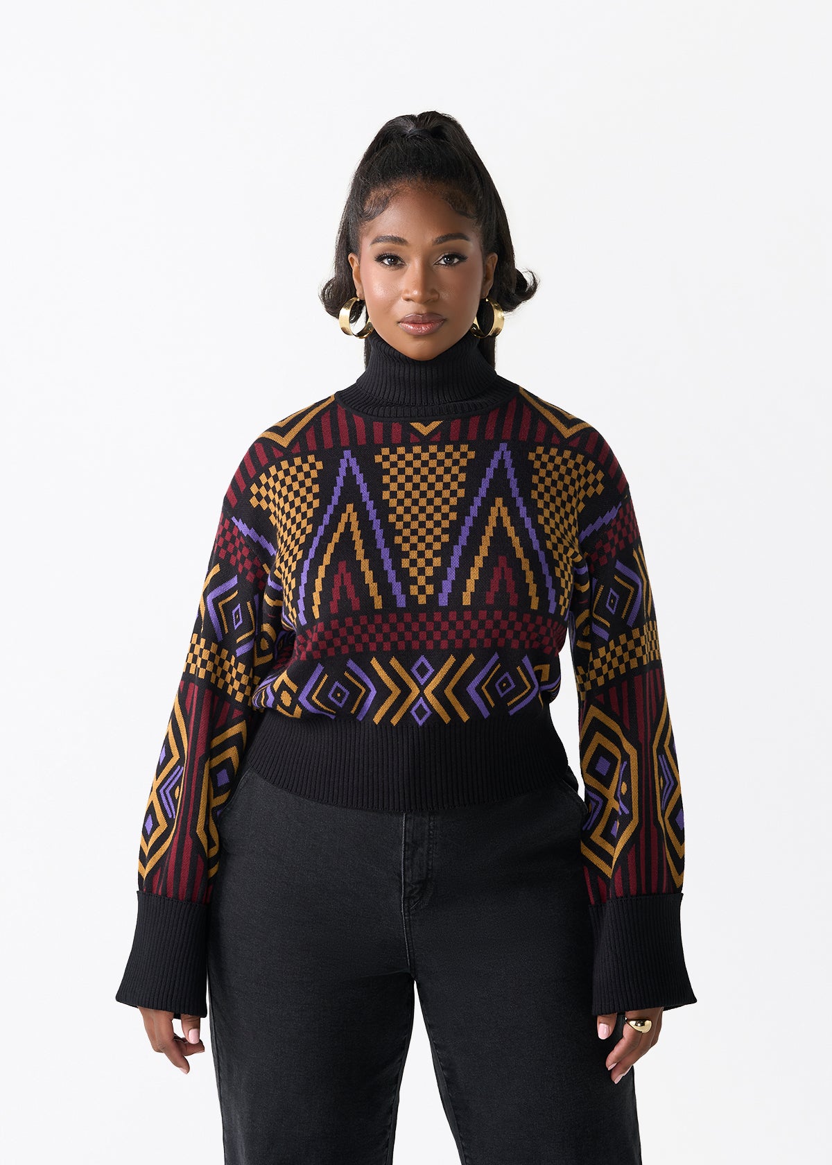 Noma Women's African Print Cropped Turtleneck Sweater (Black Burgundy Tribal) - D'IYANU