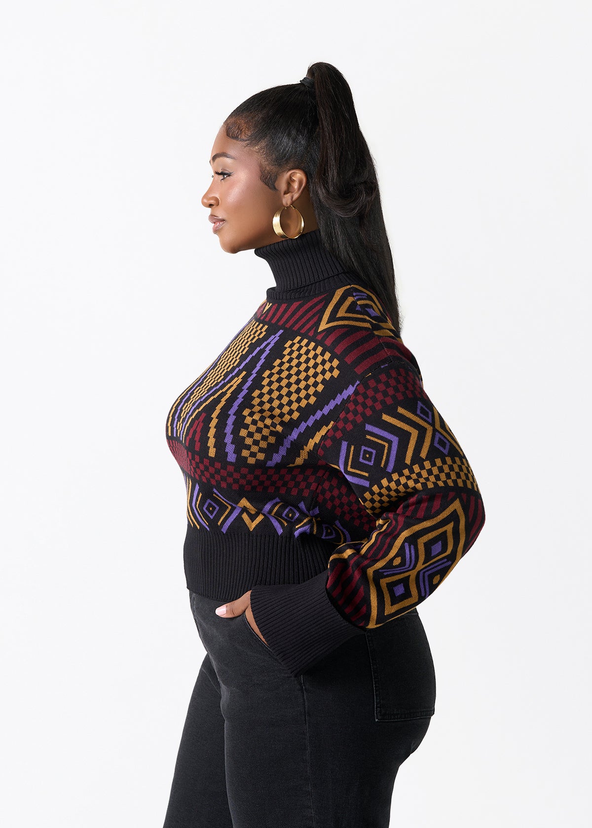 Noma Women's African Print Cropped Turtleneck Sweater (Black Burgundy Tribal) - D'IYANU